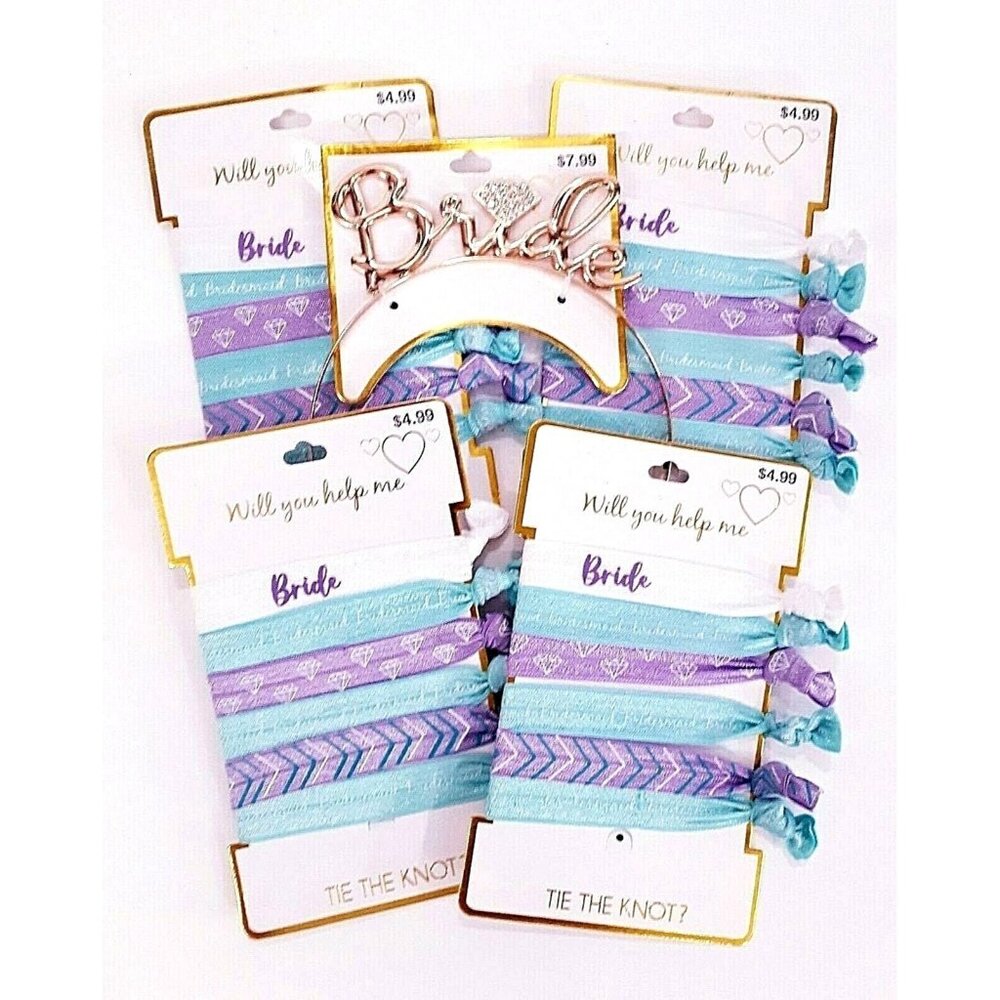 Bridesmaid Bachelorette Gift Favor 4Pk Blue Hair Ties & Bride Headband NWT